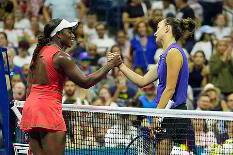 US Open 2024: Sloane Stephens, of the United States, shakes hands with Clara Burel, of France